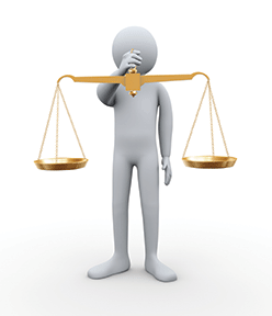 3D figure contemplating balance scales, symbolizing decision-making and weighing options.