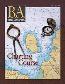 Bible Advocate cover: nautical map with compass and divider, featuring 'Charting Course' for July-August 2015 issue.