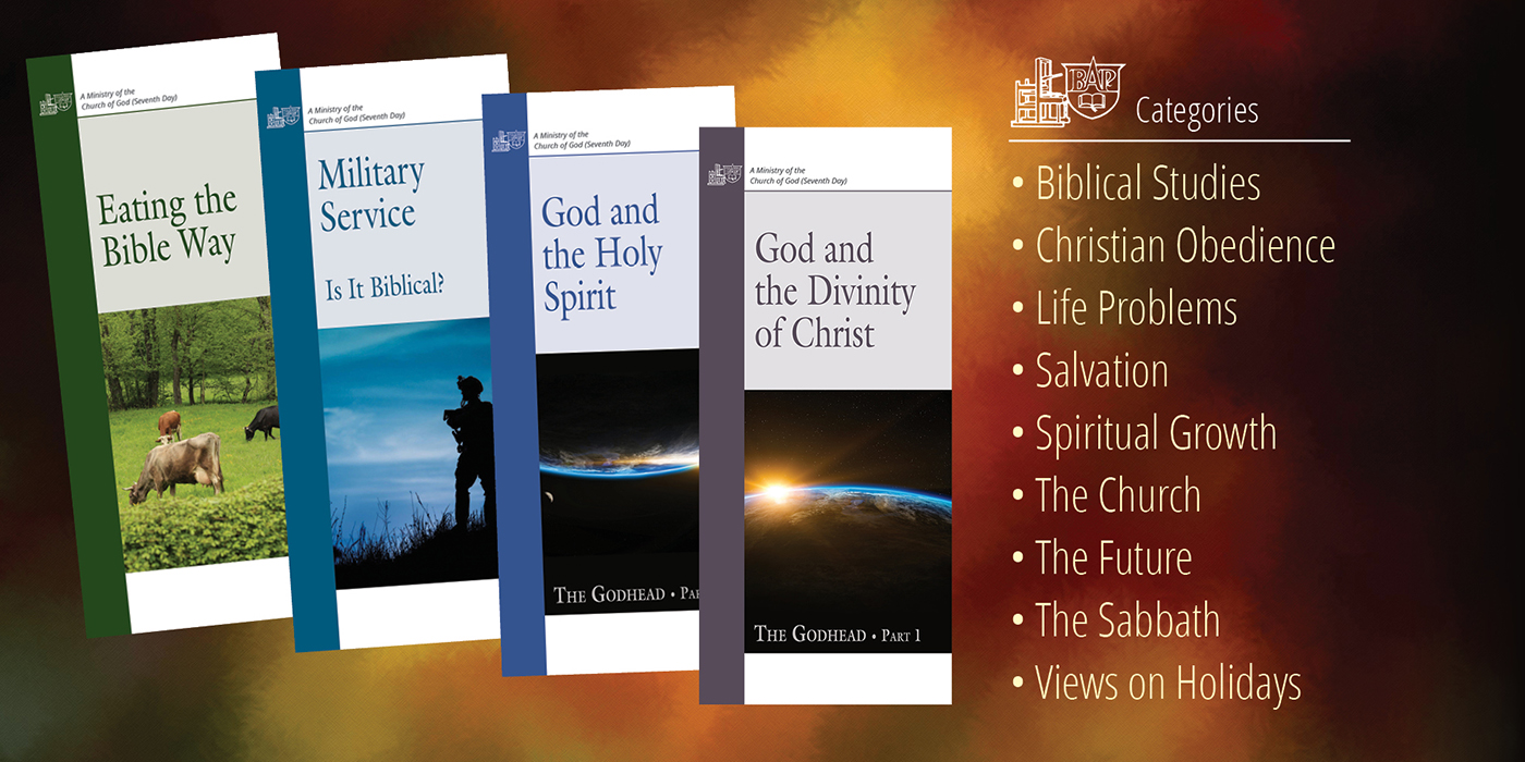 Books on biblical topics: Eating the Bible Way, Military Service, God and the Holy Spirit, and Divinity of Christ.