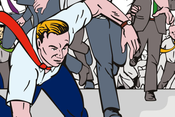 Businessmen in suits racing forward in a competitive rush, symbolizing ambition and corporate rivalry.