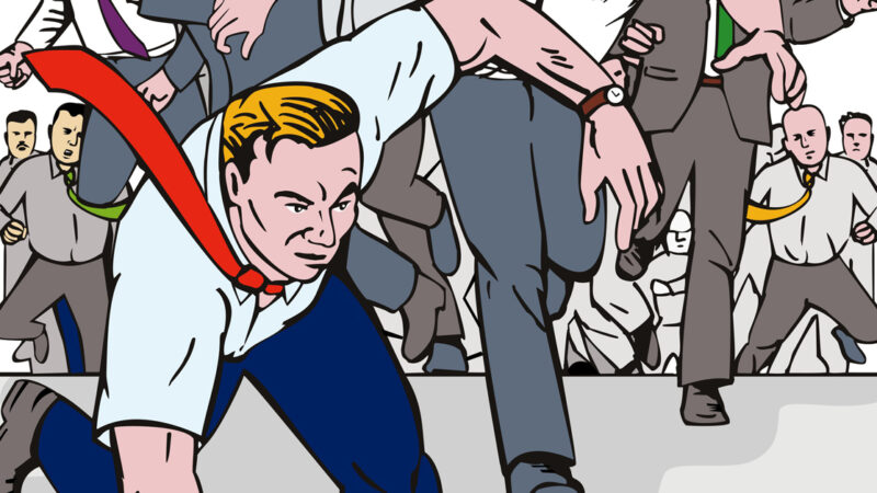 Businessmen in suits racing forward in a competitive rush, symbolizing ambition and corporate rivalry.