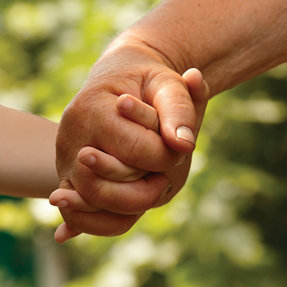 Elderly and young hands holding, symbolizing connection and care against a blurred green background.