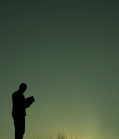Silhouette of a person reading a book against a green twilight sky.