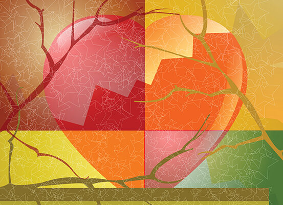 Abstract geometric heart design with warm tones, fragmented patterns, and intersecting lines for modern art concepts.