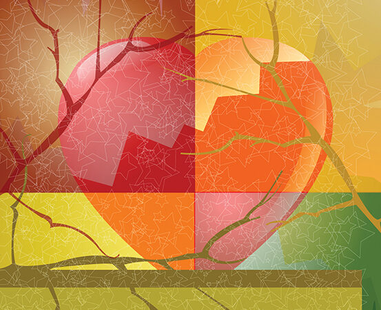 Abstract geometric heart design with warm tones, fragmented patterns, and intersecting lines for modern art concepts.