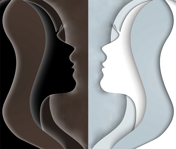 Abstract dual profile silhouette art in black and white tones, symbolizing contrast and harmony.