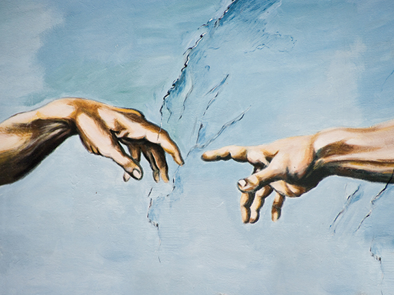 Two hands reaching towards each other in a classic artistic depiction against a blue sky background.
