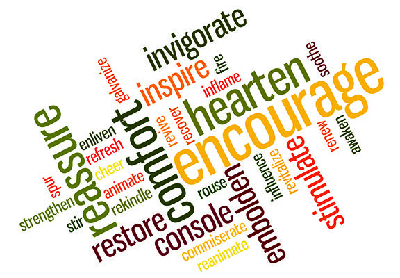 Word cloud featuring terms like encourage, comfort, reassure, inspire, and invigorate in various colors and orientations.