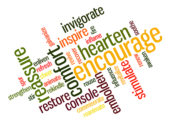 Word cloud featuring terms like encourage, comfort, reassure, inspire, and invigorate in various colors and orientations.