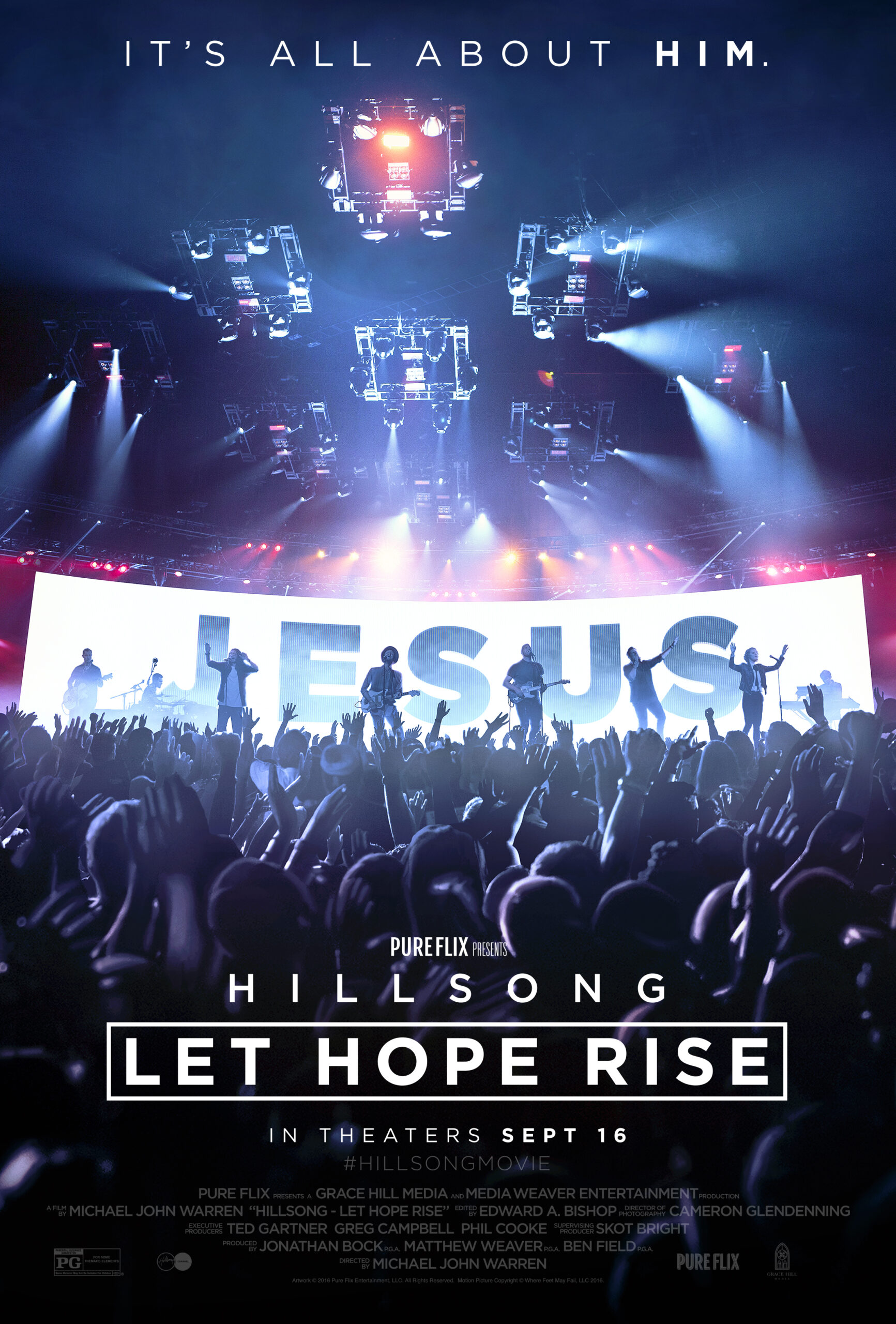 Concert scene with a band on stage, vibrant lights, and Hillsong: Let Hope Rise text displayed.