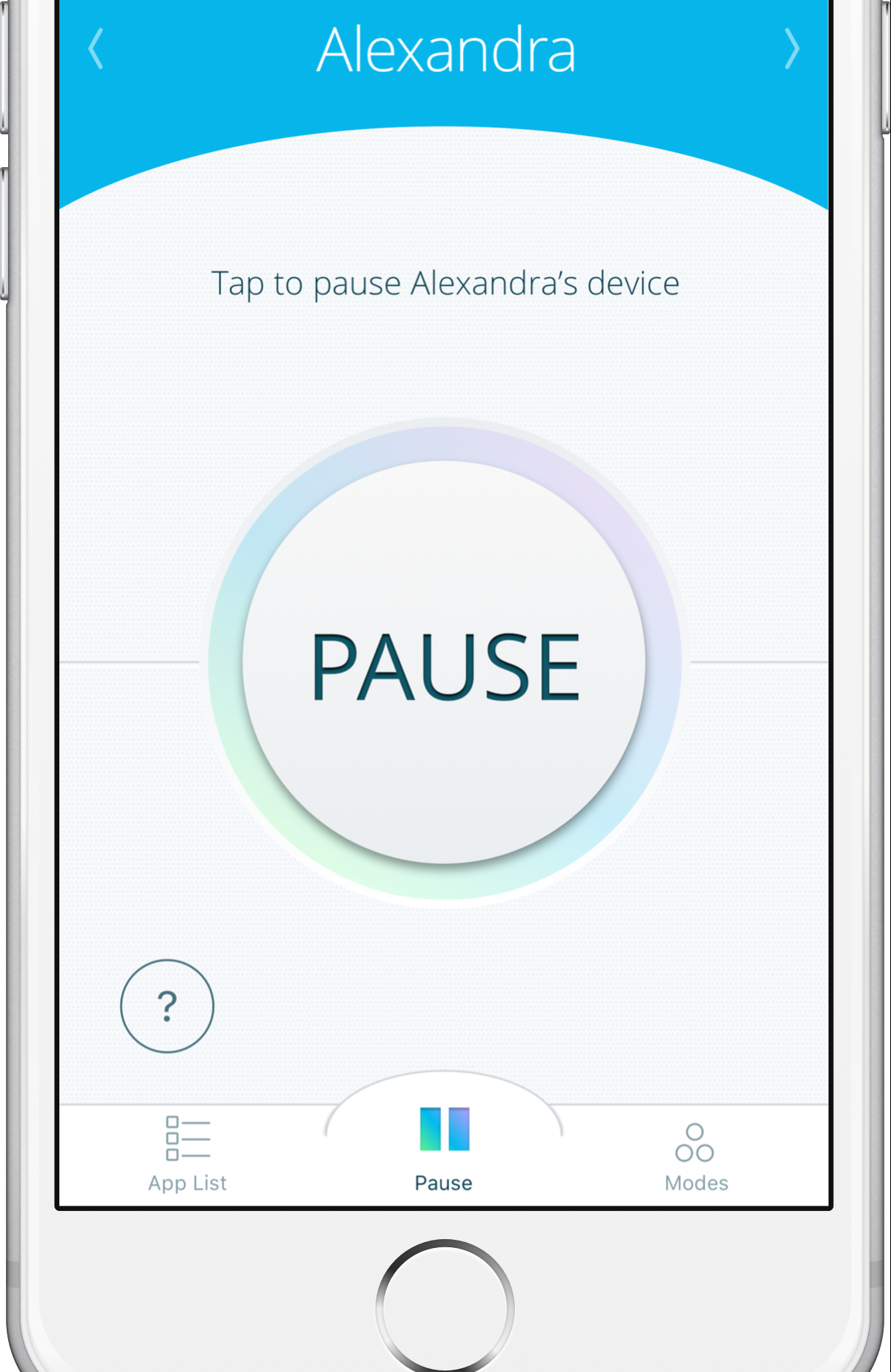 Smartphone screen showing a pause button on an app interface for controlling devices remotely.