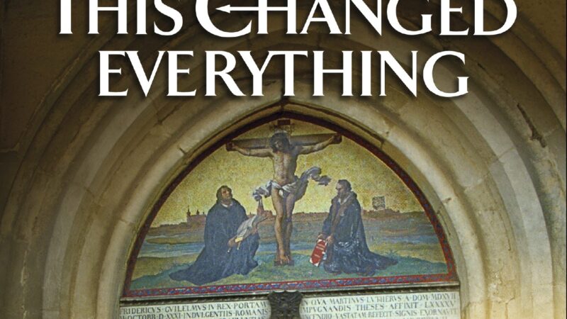 Mosaic arch with historical figures and text This Changed Everything in bold white letters.