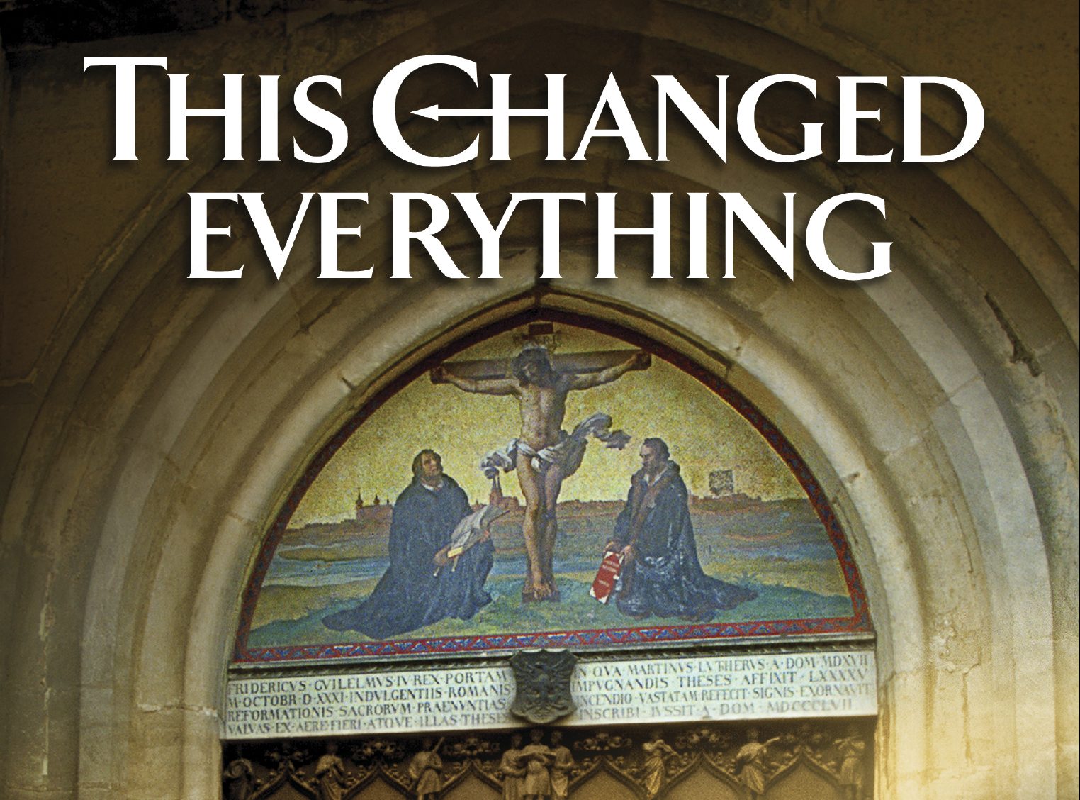 Mosaic arch with historical figures and text This Changed Everything in bold white letters.