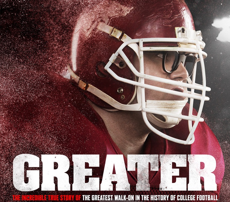 Football player in red helmet, text Greater highlights inspirational sports story.