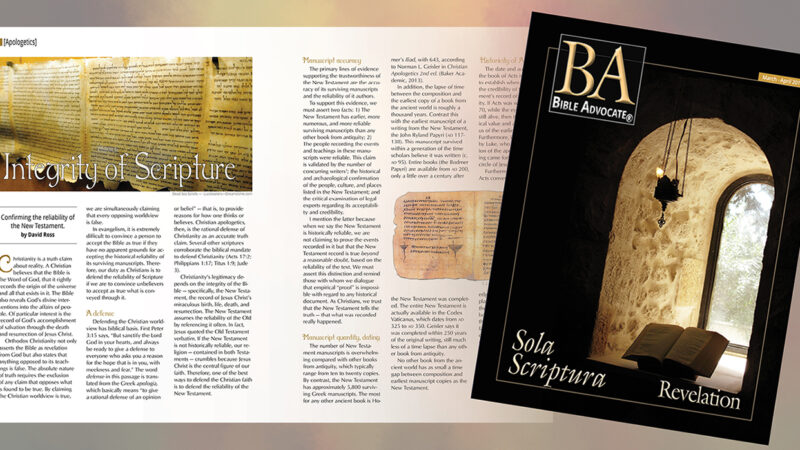 Bible Advocate magazine cover and article on Integrity of Scripture featuring ancient manuscripts.