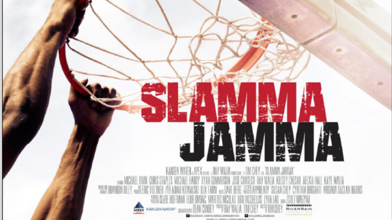 Slamma Jamma movie poster featuring a basketball theme and motivational message, Believe and you will soar.