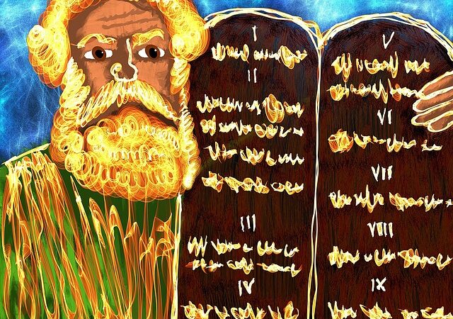 Illustration of a bearded man holding two stone tablets with inscriptions against a vibrant blue background.