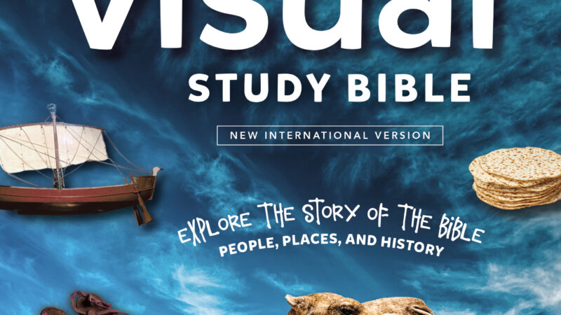 Kids' Visual Study Bible cover featuring historical artifacts, camel, and scenery for exploring biblical stories and history.