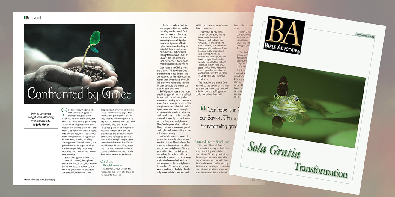 Magazine spread with a plant sprout and frog-themed cover titled Confronted by Grace and Sola Gratia.
