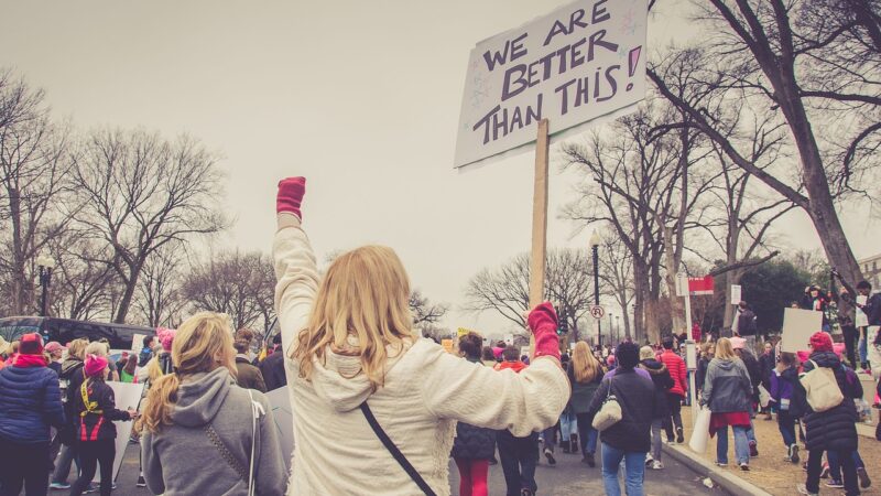 People at a protest holding signs, one says We Are Better Than This, in a city street with trees and overcast sky.