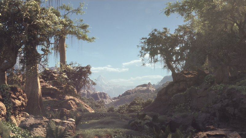 Lush forest with towering trees and distant mountains under a clear blue sky.
