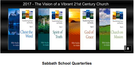 Sabbath School Quarterlies 2017: Christ the Word, Spirit of Truth, God of Grace, Church on Mission covers displayed.
