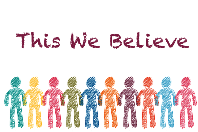 Colorful stick figures under 'This We Believe' text, symbolizing diversity and unity in belief and collaboration.