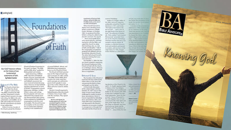 Bible Advocate magazine cover and spread on faith foundations and knowing God, January-February 2018 issue.