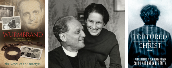 Wurmbrand book, a couple smiling, and 'Tortured for Christ' film poster depicting resilience and faith.