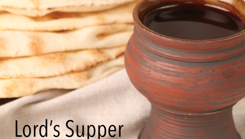 Clay cup with bread, text Lord's Supper March 29th, on a linen cloth background.