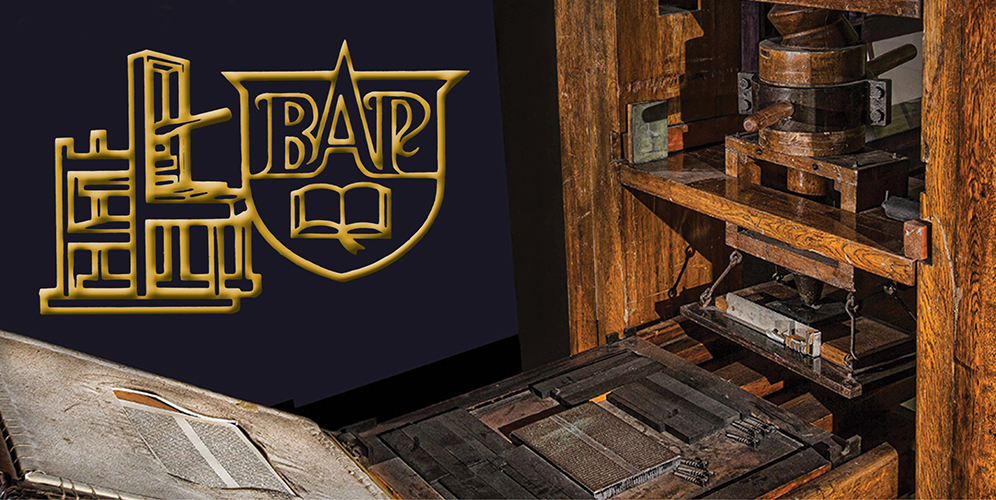 Vintage printing press and logo illustration on a dark background, showcasing historical publishing equipment.
