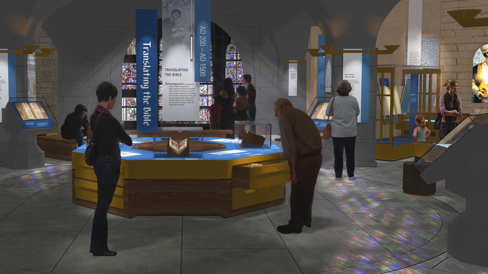 Museum exhibit on Bible translation history, featuring displays, artifacts, and visitors exploring the information.