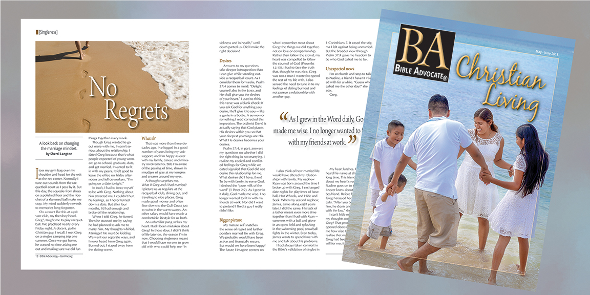 Christian Living magazine cover featuring family at the beach, May-June 2018 issue of Bible Advocate.