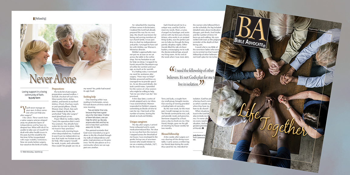 Magazine spread titled Never Alone; community of faith theme with people holding hands.