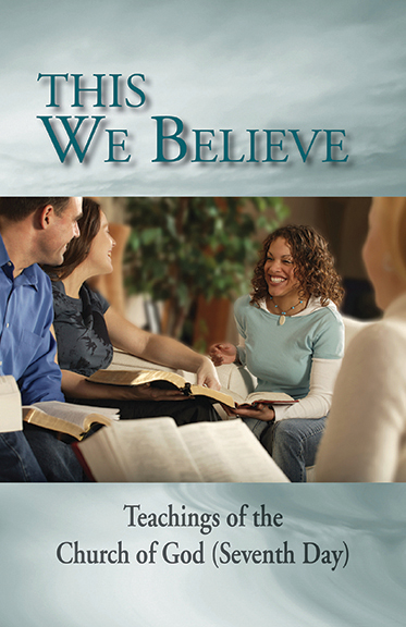 A group discussing religious teachings from the Church of God (Seventh Day), smiling and holding open books.