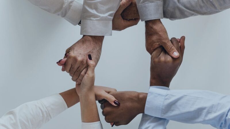 Diverse group of hands joined together symbolizing teamwork and unity against a neutral background.