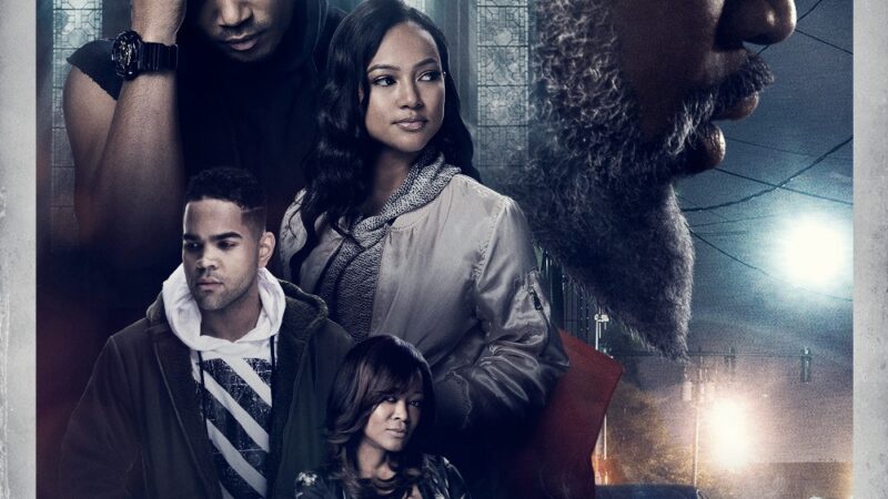 Never Heard movie poster featuring five main characters in a dramatic, mysterious setting with city lights.