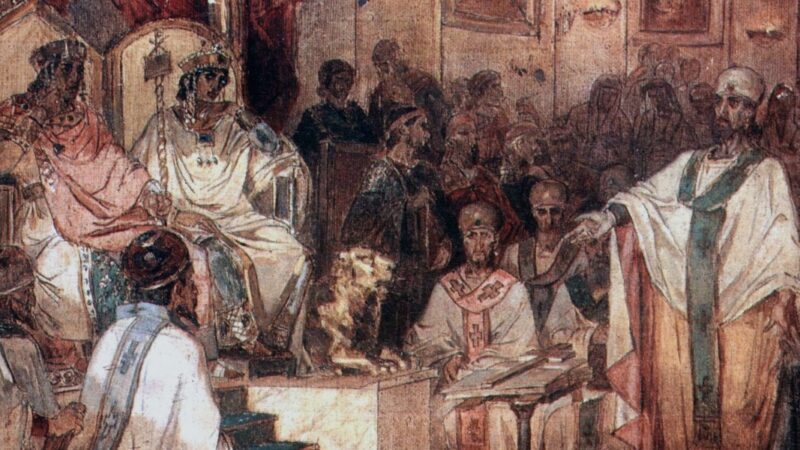 Medieval council meeting with kings and bishops in ornate robes discussing matters, depicted in a historic painting.