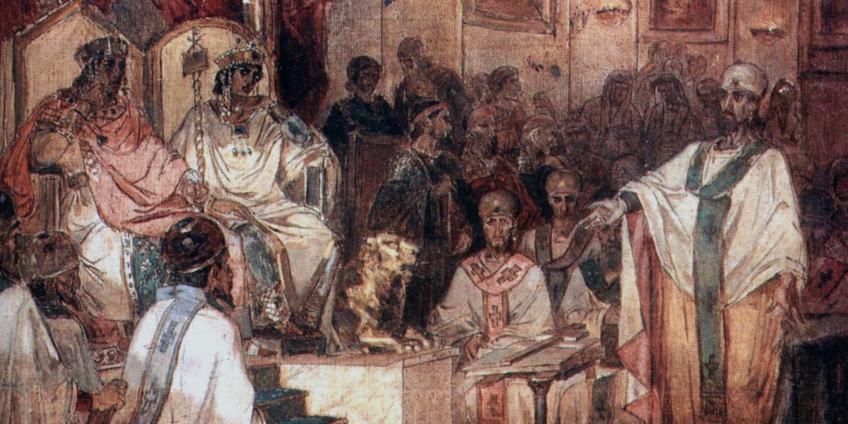 Medieval council meeting with kings and bishops in ornate robes discussing matters, depicted in a historic painting.