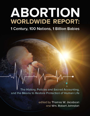 Cover of Abortion Worldwide Report, featuring a fetus with heartbeat, edited by Thomas Jacobson and Wm. Robert Johnston.