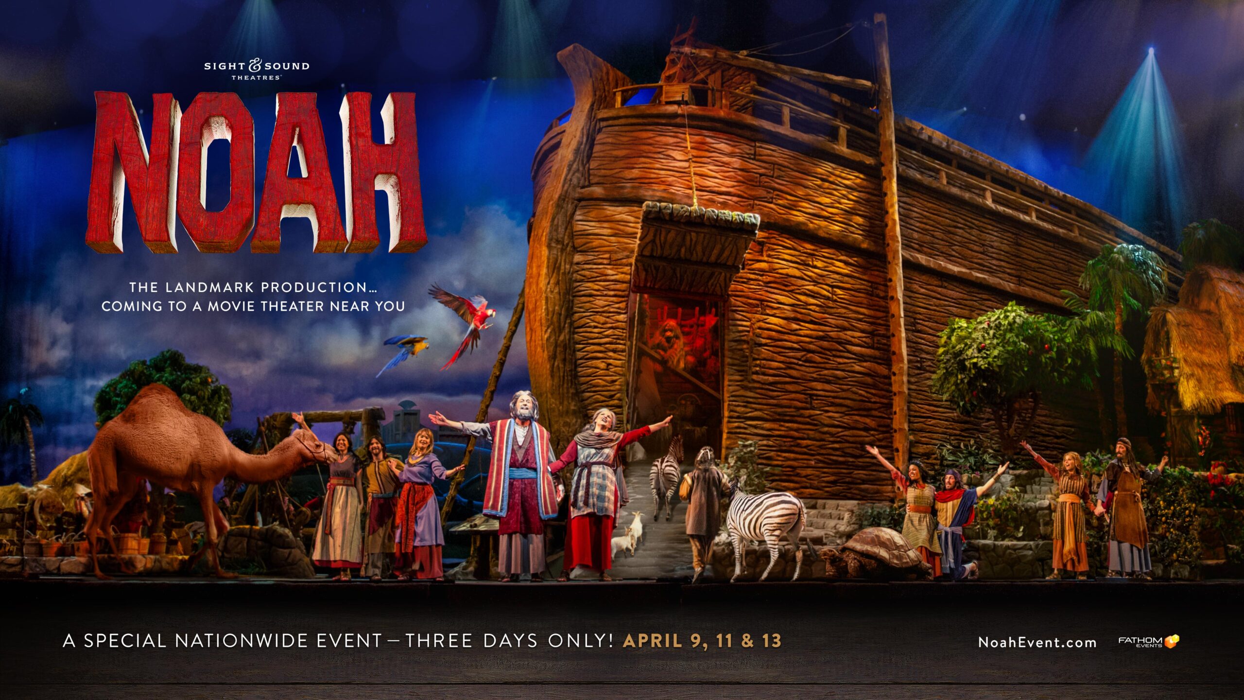 Live stage performance of Noah's Ark with lifelike set, featuring animals and actors. Special nationwide event promo.