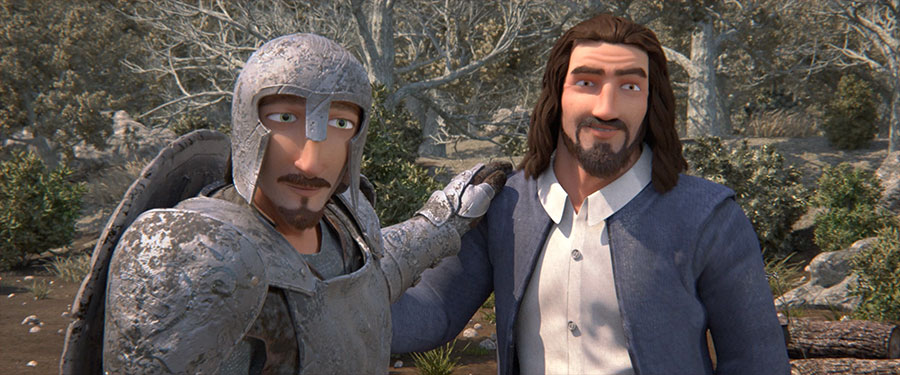 Animated knight in armor and a smiling man stand in a forest, showcasing friendship and adventure.