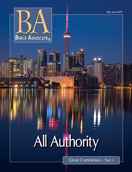 Cover of Bible Advocate magazine, May-June 2019, featuring All Authority and a city skyline at night.