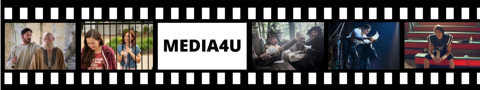 Filmstrip with diverse movie scenes and MEDIA4U text at the center.