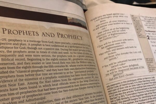 Open Bible showing text on prophets and prophecy from Isaiah 1, discussing biblical themes and interpretations.