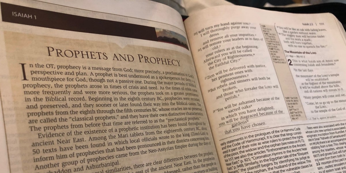 Open Bible showing text on prophets and prophecy from Isaiah 1, discussing biblical themes and interpretations.
