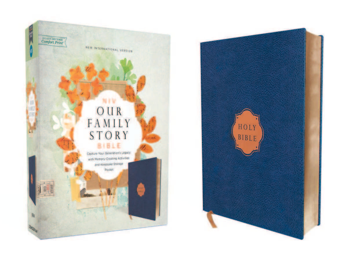 Cover and packaging of the NIV Our Family Story Bible, featuring a blue leather look and floral design.