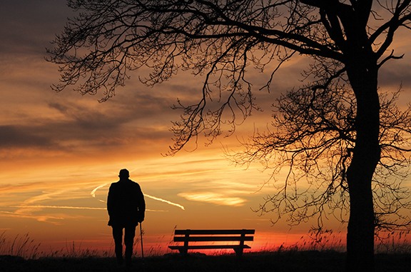 Silhouette of a person walking near a bench and tree at sunset, with a vibrant orange sky in the background.