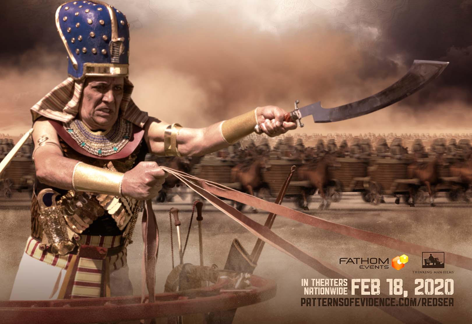 Ancient warrior in chariot with sword leads charge; promoting Patterns of Evidence film event on Feb 18, 2020.