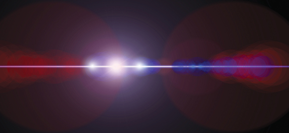 Lens flare effect with bright light beam and colorful halo against dark background.